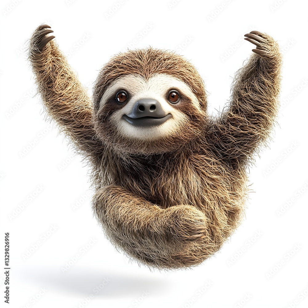 Fototapeta premium A cheerful sloth hangs with its arms up. Adorable wildlife photo. Adorable Sloth Hanging on, Cheerful Wildlife Photography. Animal isolated on white background