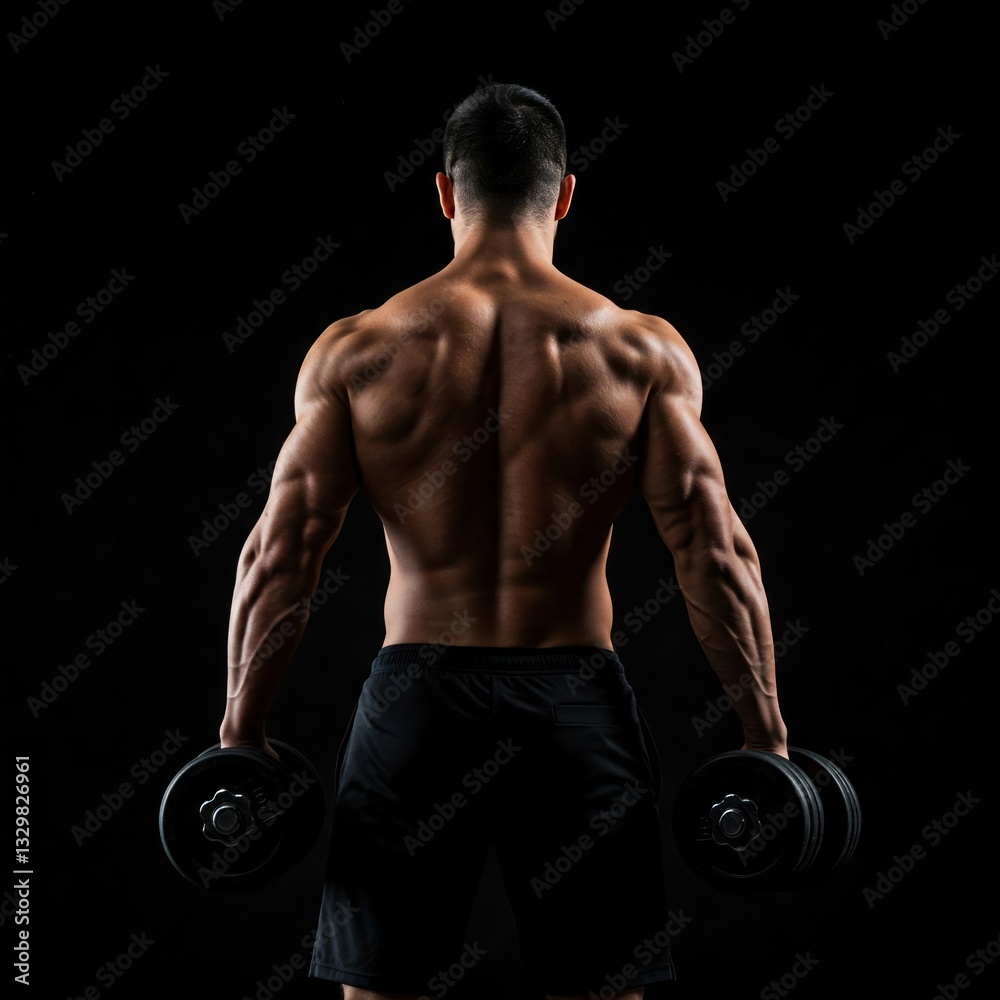 Rear view of bodybuilder training with dumbbells on black background Rear view of bodybuilder training with dumbbells on black background