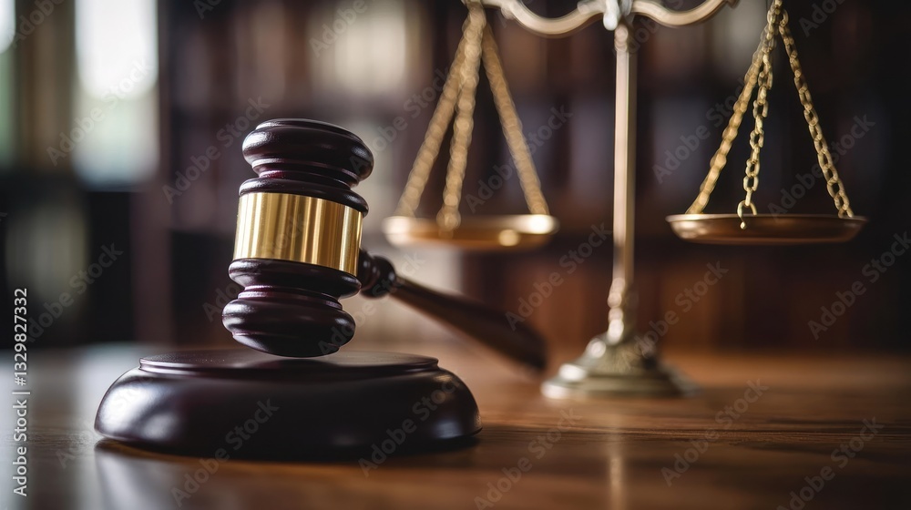 Gavel and scales of justice on wooden table in courtroom. (3) Gavel and scales of justice on wooden table in courtroom. (3)