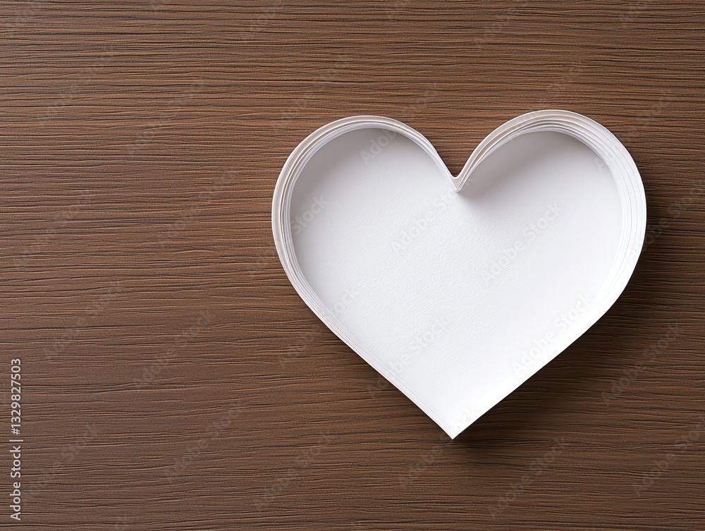 White heart-shaped paper cutout on wooden surface, symbolizing love and creativity. White heart-shaped paper cutout on wooden surface, symbolizing love and creativity.