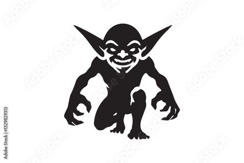 Goblin silhouette vector illustration in black and white, set against a white background