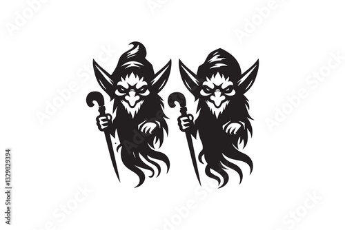 Goblin silhouette vector illustration in black and white, set against a white background