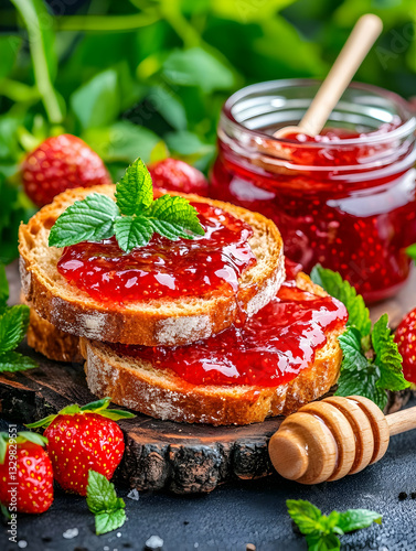 Fresh strawberry jam on toasted bread, perfect breakfast or snack photo