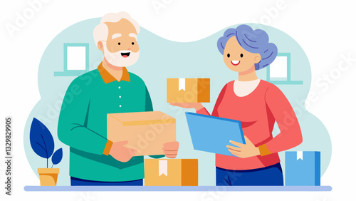 A senior couple excitedly unboxes their first product shipment ready to take on the challenge of entrepreneurship in their golden years.. Vector illustration