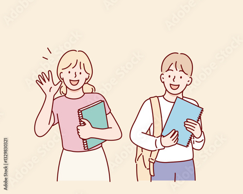 School kids friends. Cute happy girls children mates meeting, greeting with hi gesture. Hand drawn style vector design illustrations.