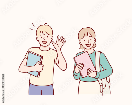 School kids friends. Cute happy girls children mates meeting, greeting with hi gesture. Hand drawn style vector design illustrations.