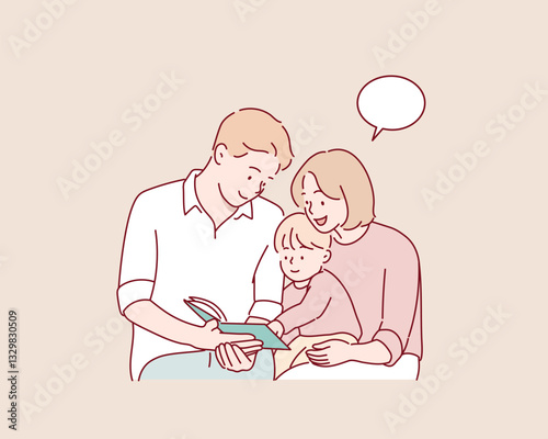 Family with little daughter reading book on sofa in living room. Hand drawn style vector design illustrations.