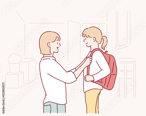 getting ready, morning and a mother with a child for school.Hand drawn style vector design illustrations.