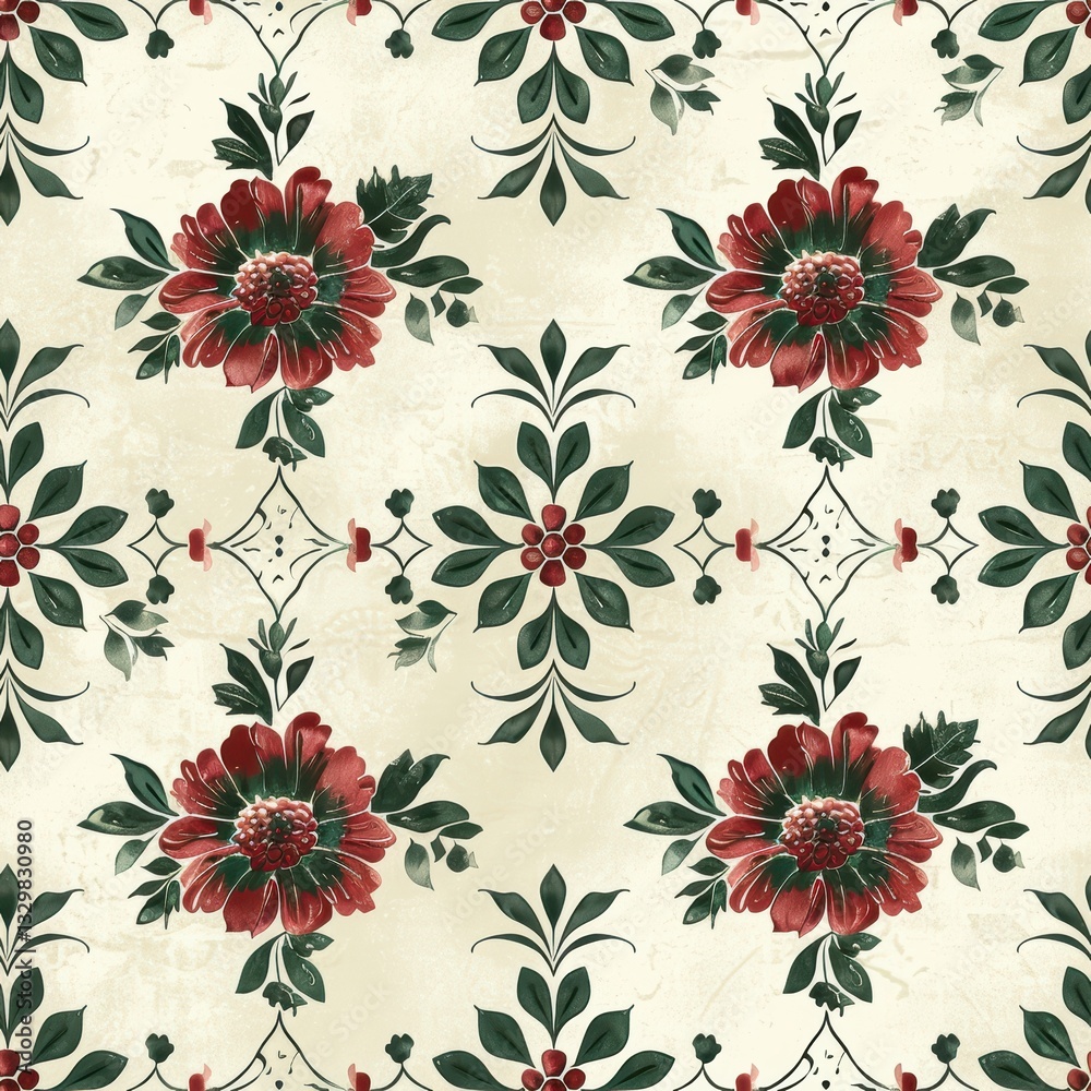 Floral pattern with red flowers and green leaves Floral pattern with red flowers and green leaves