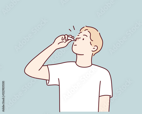 Unhealthy man suffer from rhinitis put medical drops into nose. Unwell female with runny nose take medication. Hand drawn style vector design illustrations.