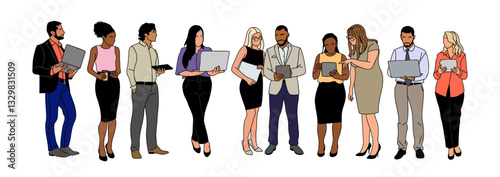Business people working at laptop. Different men and women wearing smart casual, formal office outfits standing, looking at computer. Vector colored outline illustration isolated