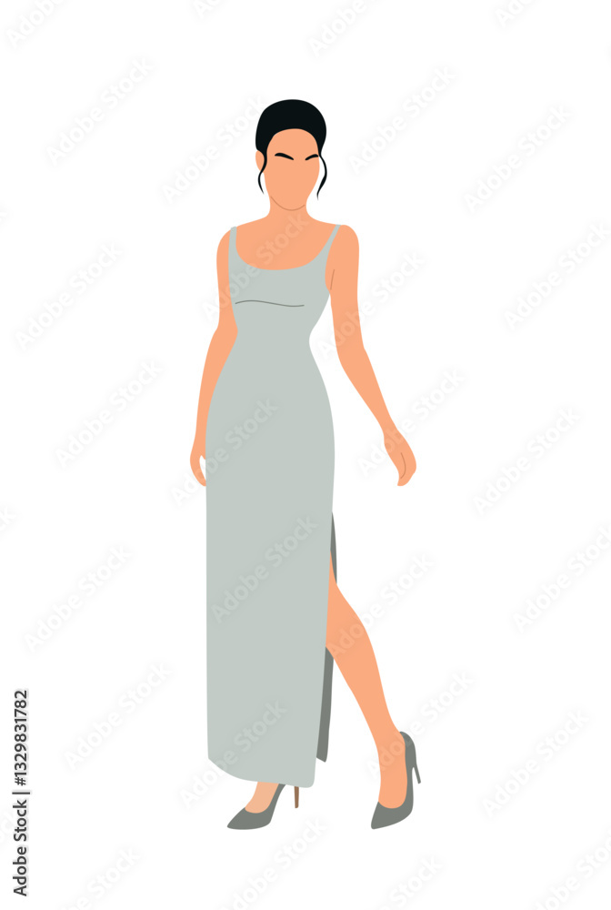 Fototapeta premium Stylish young woman wearing fashionable long dress, gown for evening event, cocktail or party. Gorgeous girl in luxury clothes. Realistic vector illustration isolated 
