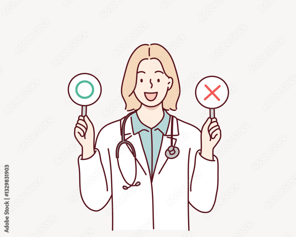 Female doctor with a right and wrong sign. Hand drawn style vector design illustrations. Female doctor with a right and wrong sign. Hand drawn style vector design illustrations.