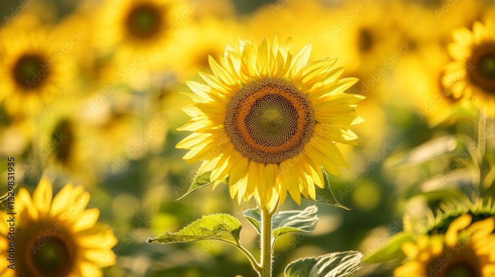 Fototapeta premium beautiful sunflower in a field of sunflowers with a ray of sunshine in the background