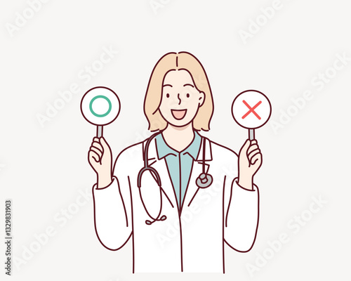 Female doctor with a right and wrong sign. Hand drawn style vector design illustrations.