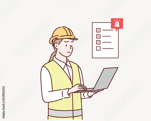 female engineer checks the program and discovers an error. Hand drawn style vector design illustrations.