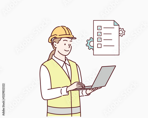 female engineer checks the program. Hand drawn style vector design illustrations.