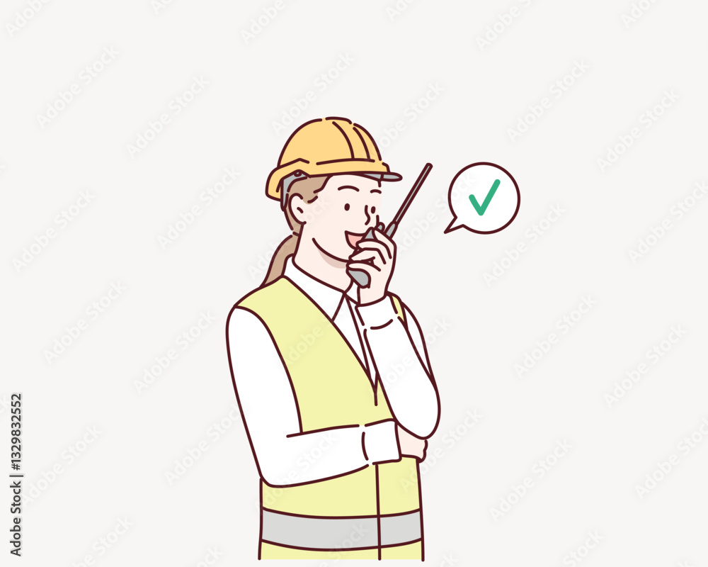female engineer holding walkie-talkie to talk to the foreman at a construction site. Hand drawn style vector design illustrations. female engineer holding walkie-talkie to talk to the foreman at a construction site. Hand drawn style vector design illustrations.