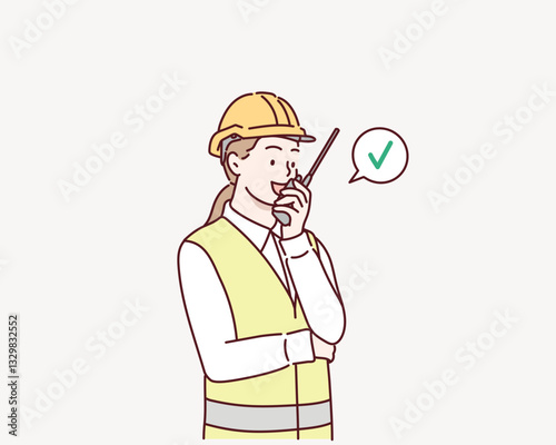  female engineer holding walkie-talkie to talk to the foreman at a construction site. Hand drawn style vector design illustrations.