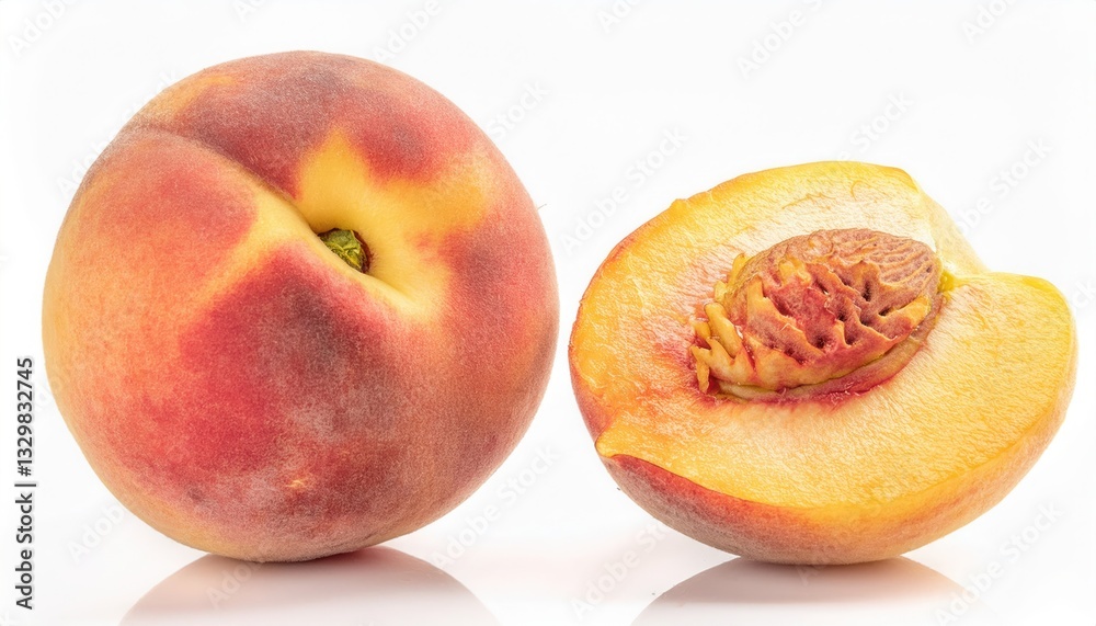 Fresh peach and slice showing juicy flesh and seed inside. Fresh peach and slice showing juicy flesh and seed inside.