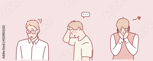 Enamored embarrassed man falling in love, turning red. Shy confused charmed person admiring, feeling sentiment emotions. Hand drawn style vector design illustrations.
