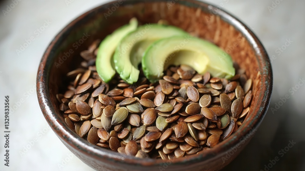 Fototapeta premium Roasted seeds and avocado slices in a rustic bowl