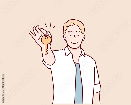Smiling man renter or tenant holding key in hands. Happy female celebrate moving or relocation to new own apartment or house.Hand drawn style vector design illustrations.