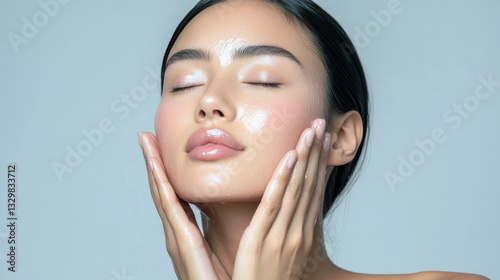 Asian young female with smooth glowing skin practicing facial care routine.