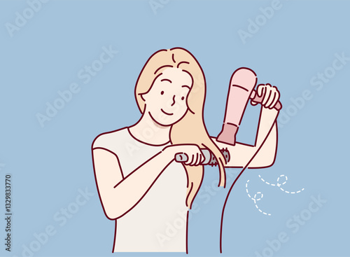  woman taking care of her hair with a hair dryer. Hand drawn style vector design illustrations.