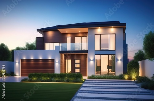Front view of a modern house with two floors, with glass walls. In front is a beautiful green lawn. There is no one inside.