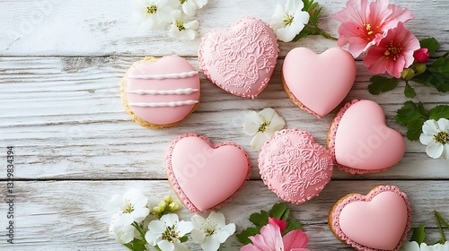 Beautiful decorated heart shaped cookies alongside spring flowers on wood