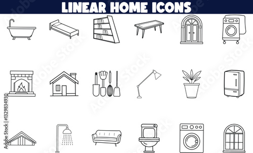 Linear Home Icon Set Furniture, Appliances, and Fixtures