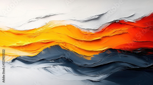 This vibrant abstract artwork features dynamic waves of color and texture, showcasing a harmonious blend of orange, yellow, and grey tones that evoke deep emotions