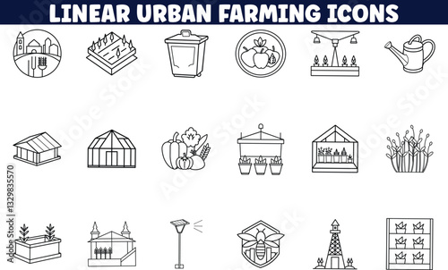 Linear Icons Urban Farming, Gardening, Greenhouse, Agriculture, Produce