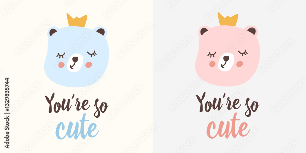 Obraz premium Cute baby shower cards with blue and pink bear faces, crowns, and gender announcement. Vector illustration