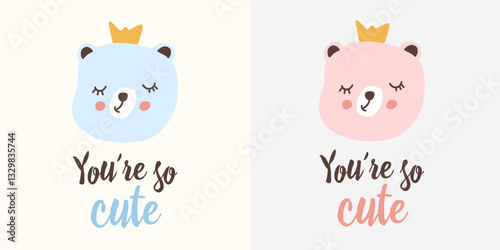 Cute baby shower cards with blue and pink bear faces, crowns, and gender announcement. Vector illustration