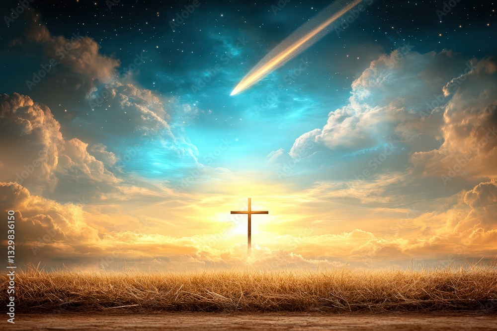 Obraz premium Cross Silhouette against a Glowing Sunset Sky: Spirituality, Faith, and Peace in a Golden Wheat Field