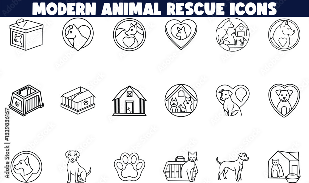 Fototapeta premium Modern Animal Shelter Rescue Icons Dogs, Cats, Love, Care