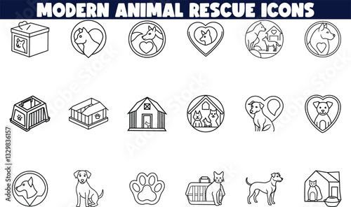 Modern Animal Shelter Rescue Icons Dogs, Cats, Love, Care