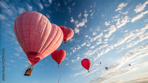 Heart-shaped hot air balloons soaring in blue sky with soft white clouds, romantic dreamy adventure, love and freedom concept