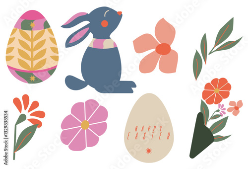 Doodles, stickers. Feliz Pascua.. Flores primaverales, planta, huevos decorados, conejo de pascua, estilo retro, minimalista. Decoración postal.