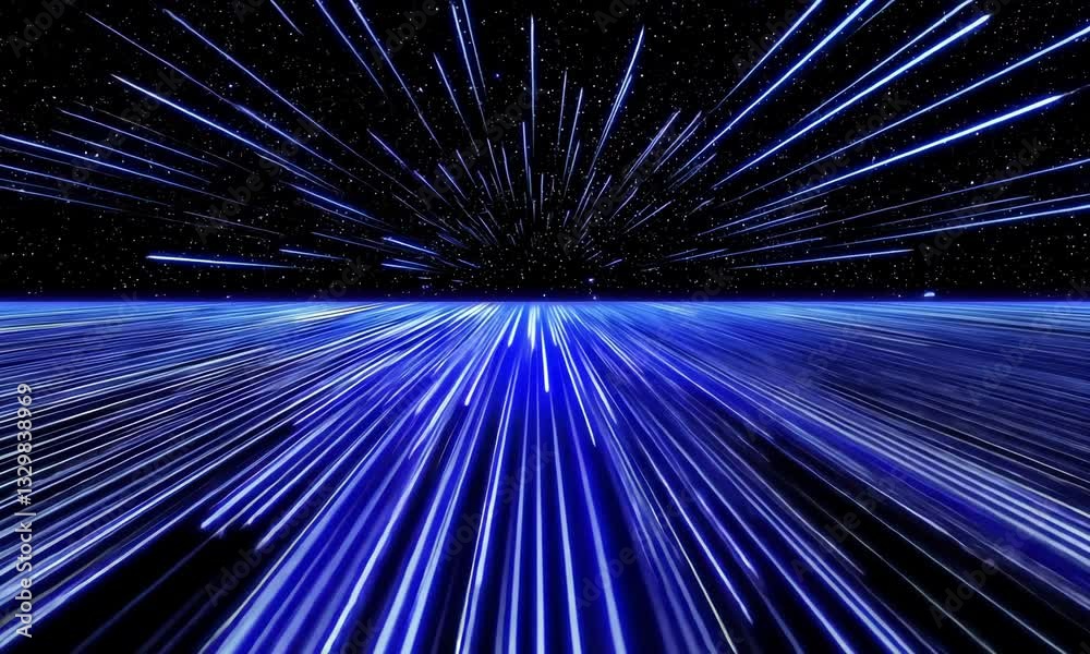 Radiant blue lines converge over a starfield. Speeding, abstract, hyper space perspective