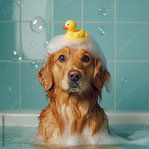 A golden retriever sits in a bathtub filled with soapy bubbles, with foam on its head and a yellow rubber duck perched on top. The background features blue tiled walls, and a few bubbles float.