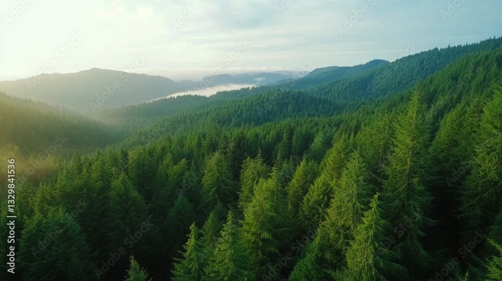 Fototapeta premium A dense green forest stretches across rolling hills under a bright sky, creating a peaceful and natural landscape.
