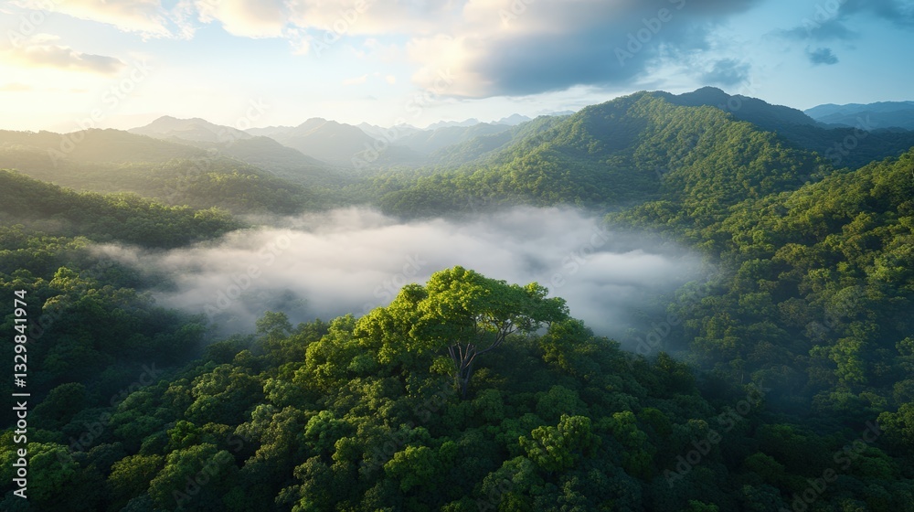 Serene forest scene with towering mountains in the distance framed by lush green trees under a soft misty atmosphere Serene forest scene with towering mountains in the distance framed by lush green trees under a soft misty atmosphere