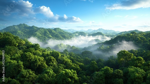 Bright forest landscape with a clear blue sky above green trees creating a vibrant and inviting natural environment