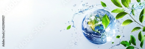 Earth surrounded by water splashes and green leaves, symbolizing sustainability and conservation. Ideal for World Water Day banners, eco campaigns, and climate awareness