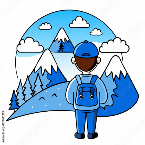 Cartoon Explorer Looking at Snowy Mountains – Winter Adventure and Nature Illustration