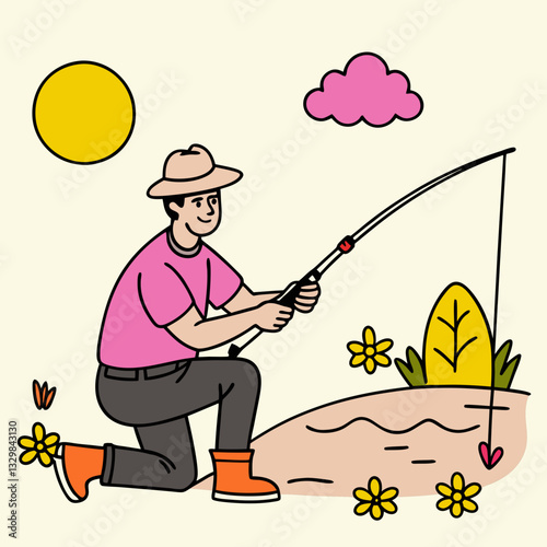 Cartoon man fishing by the river, relaxing outdoor hobby, summer recreation, clipart for leisure and nature content