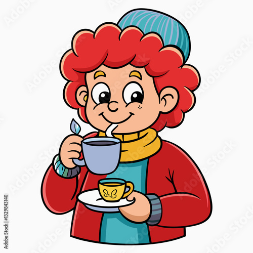 Cartoon person drinking coffee, cozy moment, hot beverage enjoyment, clipart for café culture and lifestyle content